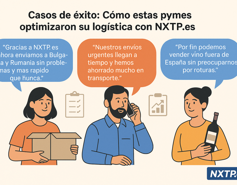 Ilustración plana que muestra a tres dueños de pymes dando testimonios positivos sobre la logística de NXTP.es, con globos de diálogo que reflejan sus experiencias.
