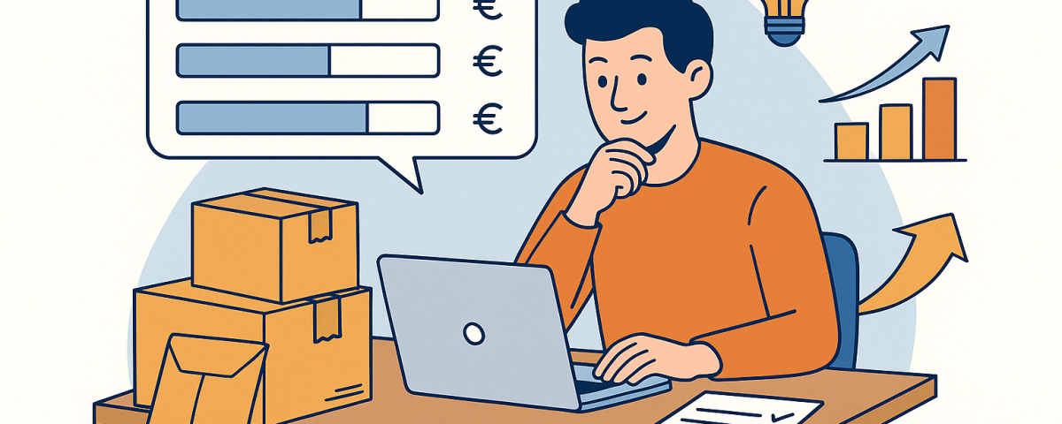Ilustración plana que muestra a un joven emprendedor utilizando un comparador de envío en su portátil, con cajas de paquetería, gráficos de crecimiento y el logo NXTP.es.
