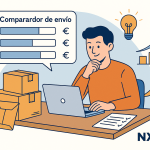 Ilustración plana que muestra a un joven emprendedor utilizando un comparador de envío en su portátil, con cajas de paquetería, gráficos de crecimiento y el logo NXTP.es.