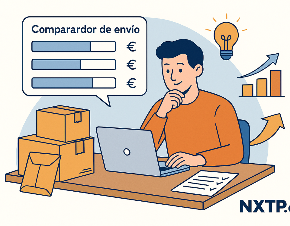 Ilustración plana que muestra a un joven emprendedor utilizando un comparador de envío en su portátil, con cajas de paquetería, gráficos de crecimiento y el logo NXTP.es.