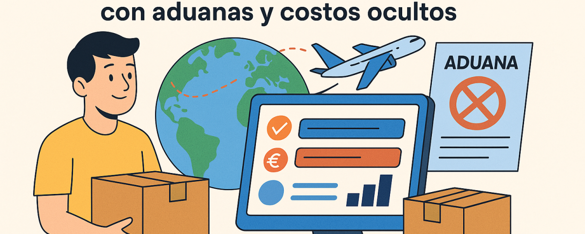 Ilustración plana que muestra a un joven sosteniendo una caja junto a un monitor con comparador de envíos internacionales, un globo terráqueo, un avión y un documento de aduanas.