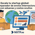 Ilustración plana que muestra a un joven sosteniendo una caja junto a un monitor con comparador de envíos internacionales, un globo terráqueo, un avión y un documento de aduanas.