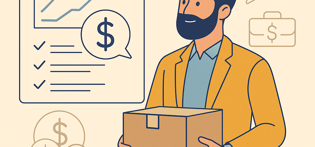 Ilustración plana que muestra a un empresario sosteniendo una caja junto a un panel con gráficos de crecimiento, checklist y símbolos de dinero, con el logo NXTP.es.
