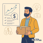 Ilustración plana que muestra a un empresario sosteniendo una caja junto a un panel con gráficos de crecimiento, checklist y símbolos de dinero, con el logo NXTP.es.