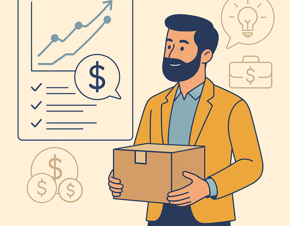 Ilustración plana que muestra a un empresario sosteniendo una caja junto a un panel con gráficos de crecimiento, checklist y símbolos de dinero, con el logo NXTP.es.