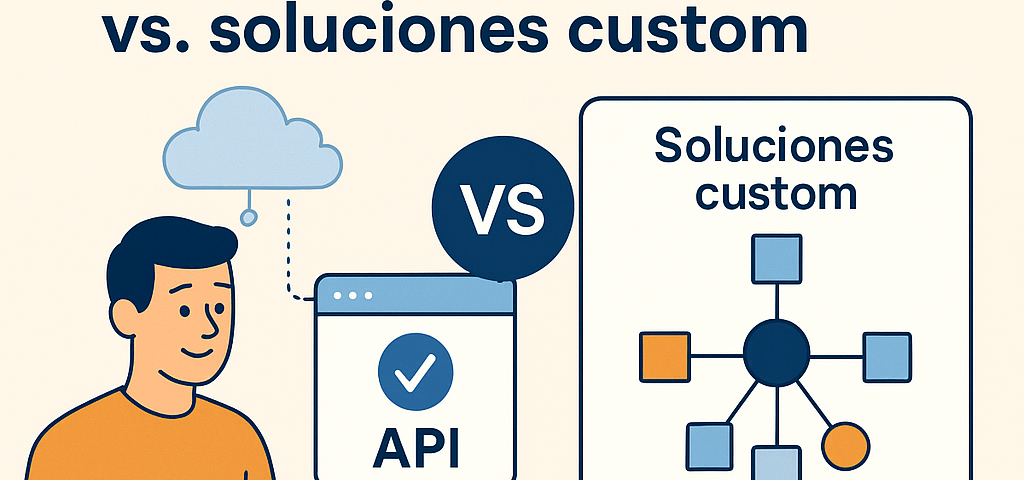 Ilustración plana que compara APIs de comparadores de envío y soluciones custom para automatización logística, con un joven sosteniendo una caja, un icono de nube y un diagrama de flujo.