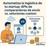 Ilustración plana que compara APIs de comparadores de envío y soluciones custom para automatización logística, con un joven sosteniendo una caja, un icono de nube y un diagrama de flujo.