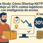 Ilustración plana que muestra a un emprendedor sosteniendo una caja frente a un monitor con un gráfico descendente del 30%, iconos de checklist y geolocalización, monedas apiladas y logo NXTP.es.
