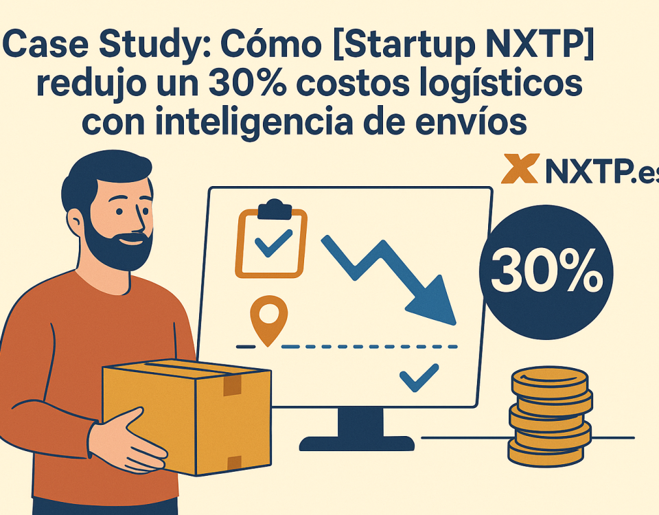 Ilustración plana que muestra a un emprendedor sosteniendo una caja frente a un monitor con un gráfico descendente del 30%, iconos de checklist y geolocalización, monedas apiladas y logo NXTP.es.