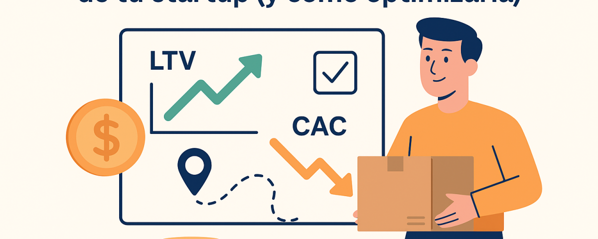 Ilustración plana que muestra a un emprendedor sosteniendo una caja frente a un tablero con gráficos de LTV en aumento y CAC en descenso, junto a iconos de dinero, ubicación y logo NXTP.es.