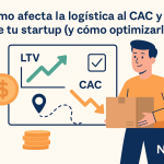 Ilustración plana que muestra a un emprendedor sosteniendo una caja frente a un tablero con gráficos de LTV en aumento y CAC en descenso, junto a iconos de dinero, ubicación y logo NXTP.es.