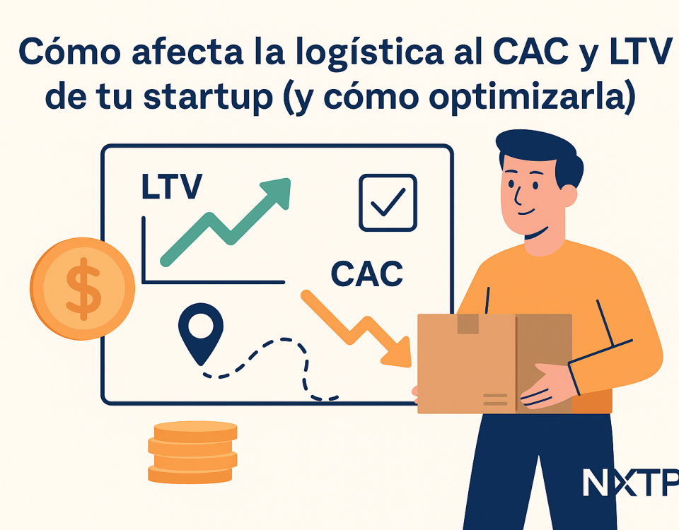 Ilustración plana que muestra a un emprendedor sosteniendo una caja frente a un tablero con gráficos de LTV en aumento y CAC en descenso, junto a iconos de dinero, ubicación y logo NXTP.es.