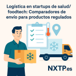 Ilustración plana que muestra a un trabajador sosteniendo una caja con símbolo de copo de nieve, junto a un checklist, termómetro, icono de ubicación y camión refrigerado, con logo NXTP.es.