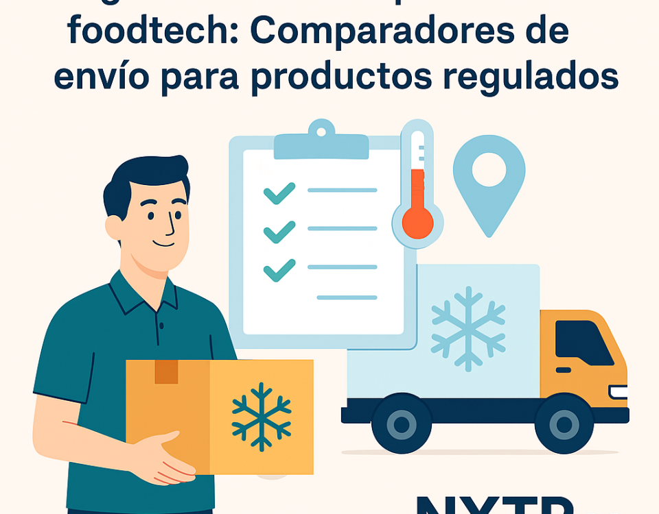 Ilustración plana que muestra a un trabajador sosteniendo una caja con símbolo de copo de nieve, junto a un checklist, termómetro, icono de ubicación y camión refrigerado, con logo NXTP.es.