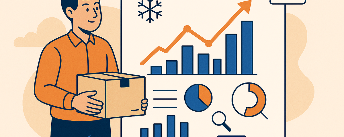 Ilustración plana que muestra a un joven sosteniendo una caja frente a una pantalla con gráficos de barras, líneas y diagramas circulares que representan datos logísticos y predicciones de demanda, junto a un camión de reparto y logo NXTP.es.