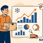 Ilustración plana que muestra a un joven sosteniendo una caja frente a una pantalla con gráficos de barras, líneas y diagramas circulares que representan datos logísticos y predicciones de demanda, junto a un camión de reparto y logo NXTP.es.
