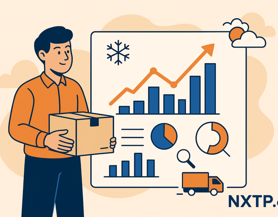 Ilustración plana que muestra a un joven sosteniendo una caja frente a una pantalla con gráficos de barras, líneas y diagramas circulares que representan datos logísticos y predicciones de demanda, junto a un camión de reparto y logo NXTP.es.