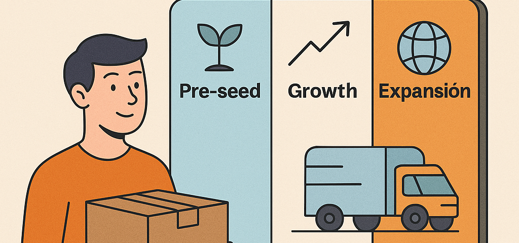 Ilustración plana que muestra a un joven sosteniendo una caja frente a un panel dividido en tres secciones: Pre-seed con icono de planta, Growth con flecha ascendente y Expansión con icono de globo y camión.