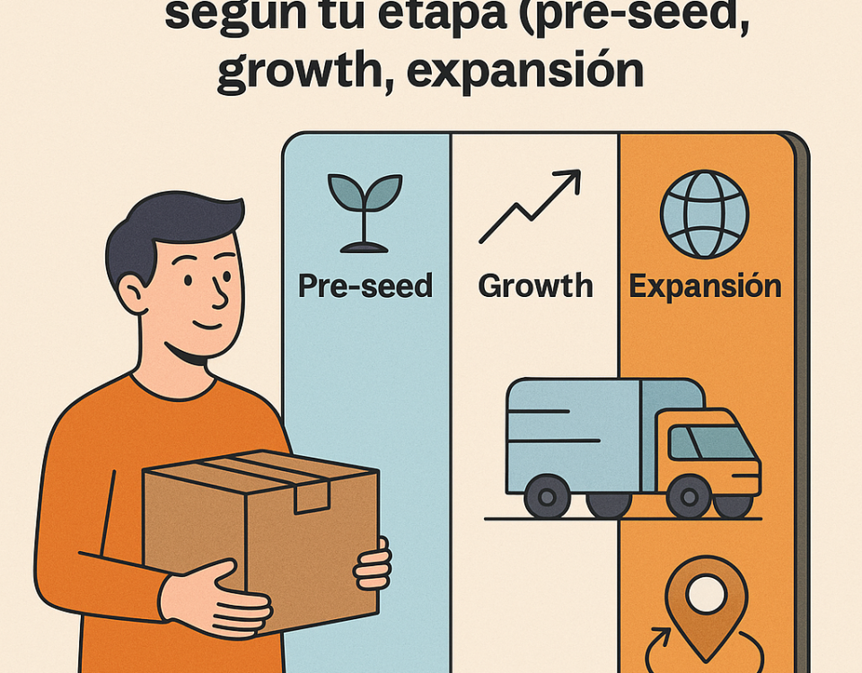 Ilustración plana que muestra a un joven sosteniendo una caja frente a un panel dividido en tres secciones: Pre-seed con icono de planta, Growth con flecha ascendente y Expansión con icono de globo y camión.