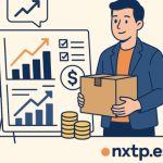 Ilustración plana que muestra a un empresario sosteniendo una caja frente a un tablero con gráficos ascendentes, checklist y símbolo de dinero, junto a monedas apiladas y logo NXTP.es.