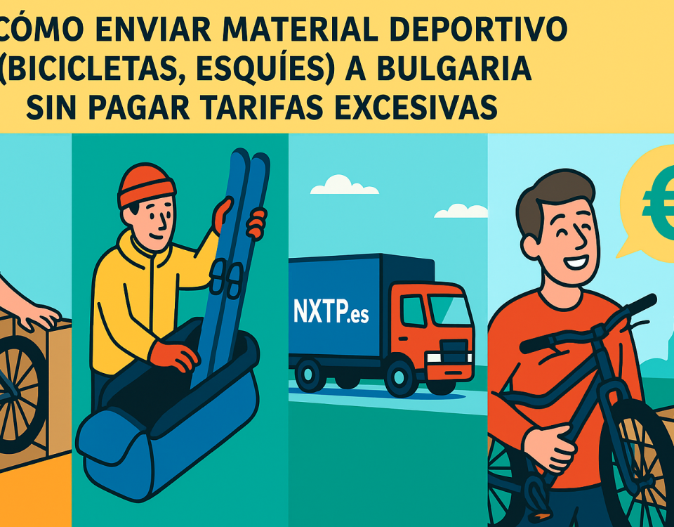 Ilustración cómic Flat Design sobre envío de material deportivo a Bulgaria con NXTP.es