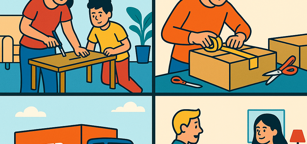 Ilustración cómic Flat Design sobre envío de muebles IKEA a Bulgaria con NXTP.es.