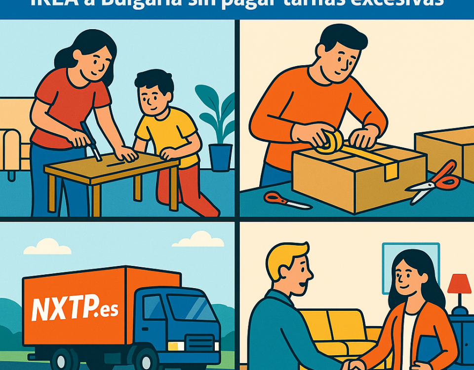 Ilustración cómic Flat Design sobre envío de muebles IKEA a Bulgaria con NXTP.es.