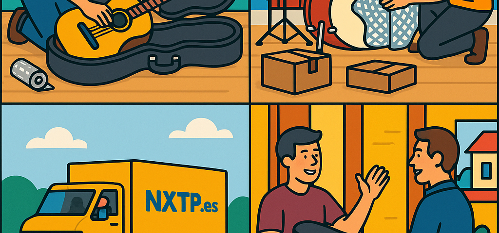 Ilustración cómic Flat Design sobre envío de instrumentos musicales a Bulgaria con NXTP.es.