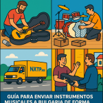 Ilustración cómic Flat Design sobre envío de instrumentos musicales a Bulgaria con NXTP.es.