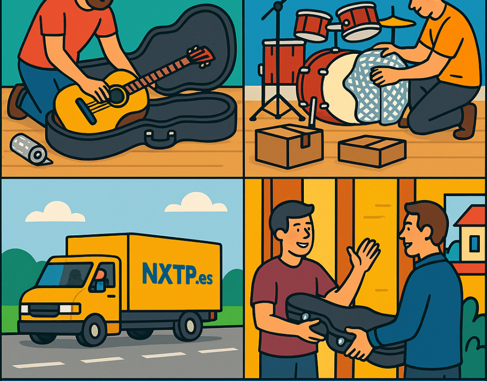 Ilustración cómic Flat Design sobre envío de instrumentos musicales a Bulgaria con NXTP.es.