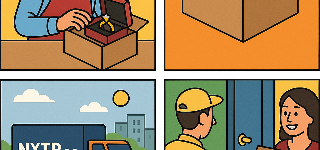 Ilustración cómic Flat Design sobre envío de productos de lujo a Bulgaria con NXTP.es.