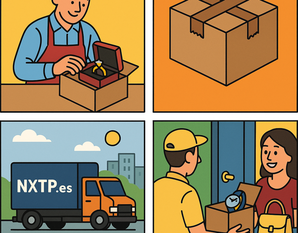 Ilustración cómic Flat Design sobre envío de productos de lujo a Bulgaria con NXTP.es.