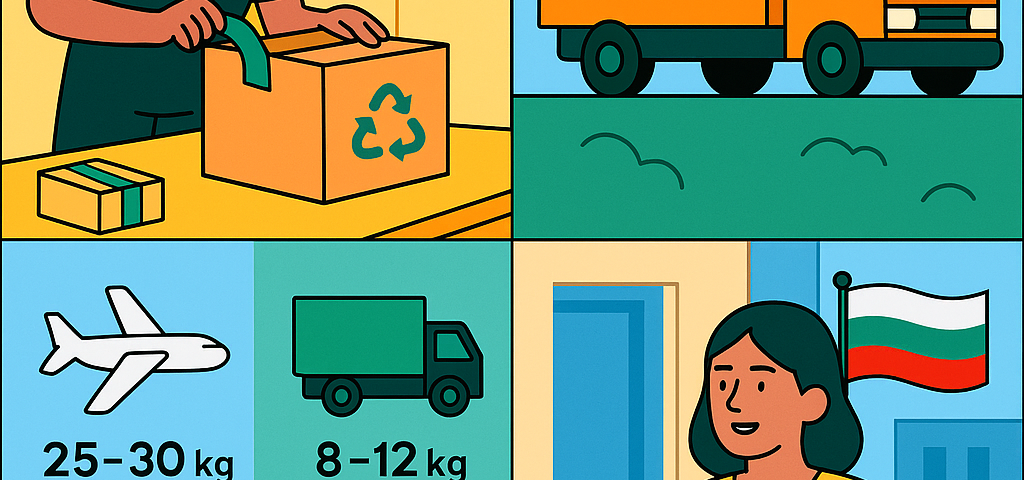 Ilustración cómic Flat Design sobre envíos verdes a Bulgaria con NXTP.es.