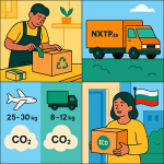Ilustración cómic Flat Design sobre envíos verdes a Bulgaria con NXTP.es.