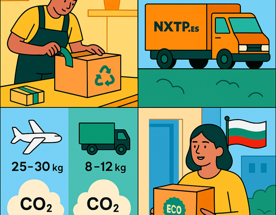 Ilustración cómic Flat Design sobre envíos verdes a Bulgaria con NXTP.es.