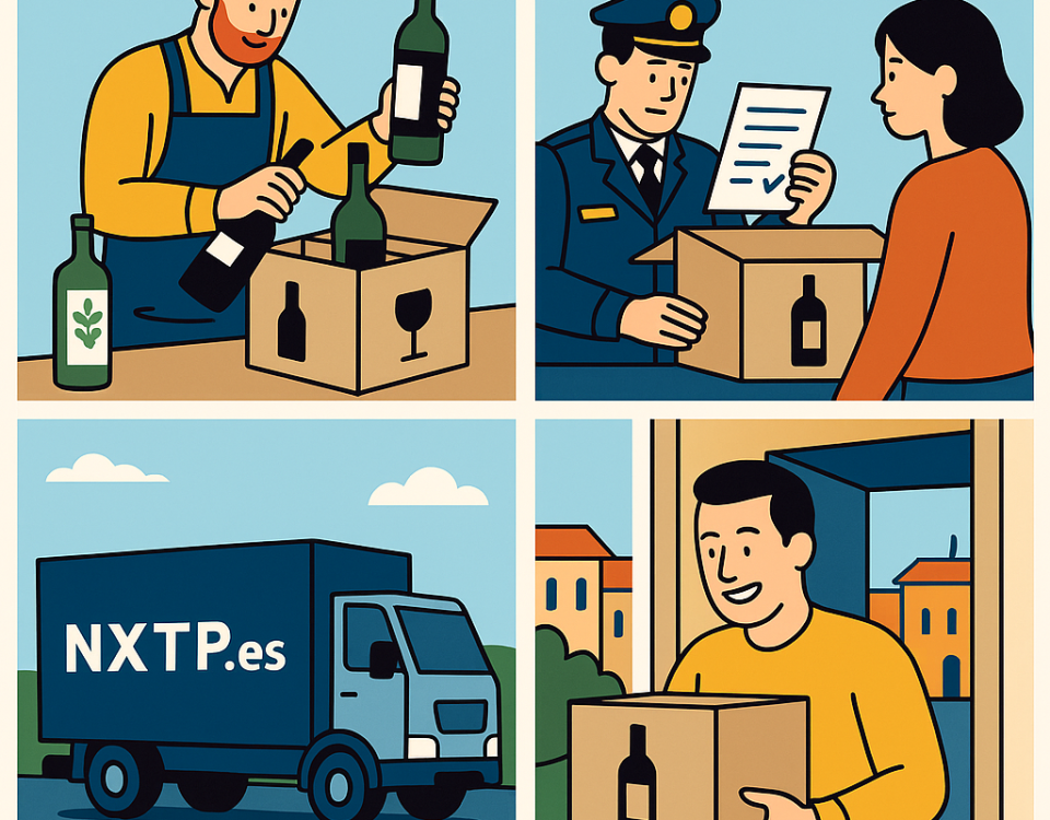 Ilustración cómic Flat Design sobre envío de vino y aceite de oliva a Bulgaria con NXTP.es.
