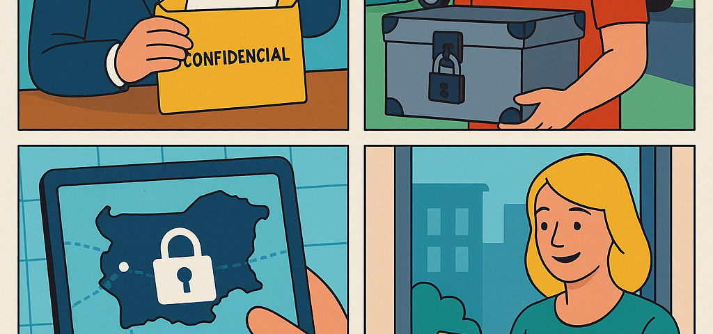 Ilustración cómic Flat Design sobre envío de documentos confidenciales a Bulgaria con NXTP.es.