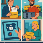 Ilustración cómic Flat Design sobre envío de documentos confidenciales a Bulgaria con NXTP.es.
