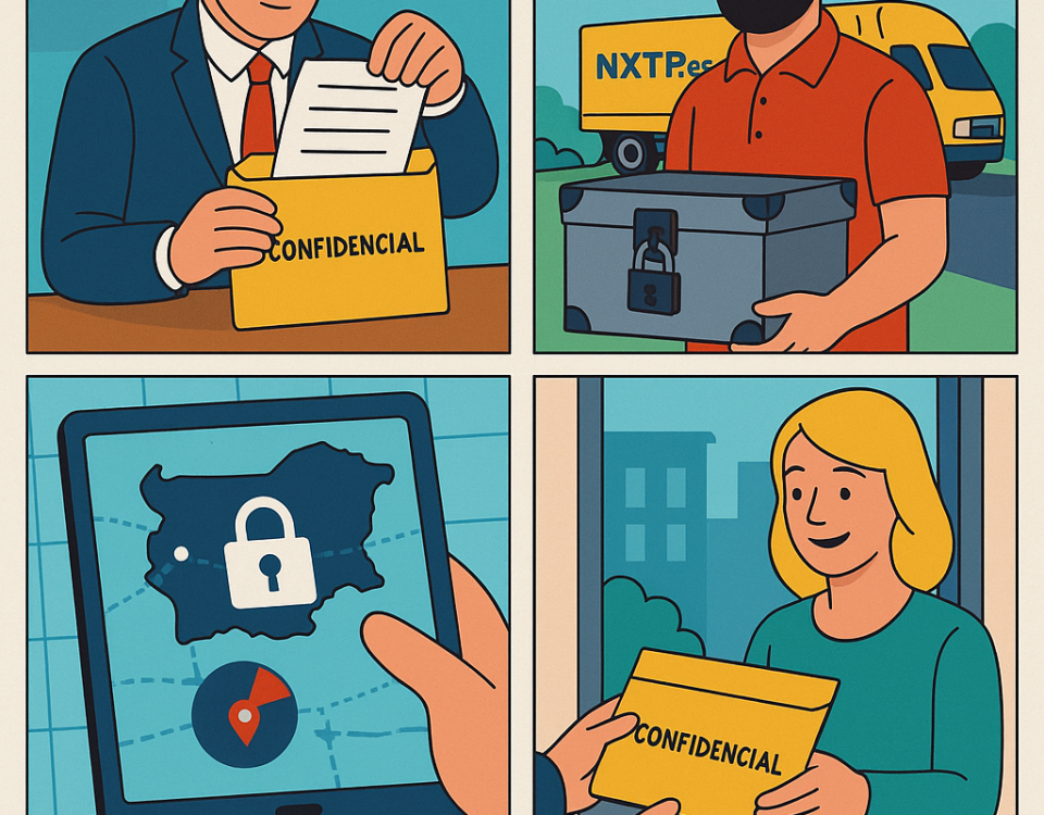 Ilustración cómic Flat Design sobre envío de documentos confidenciales a Bulgaria con NXTP.es.