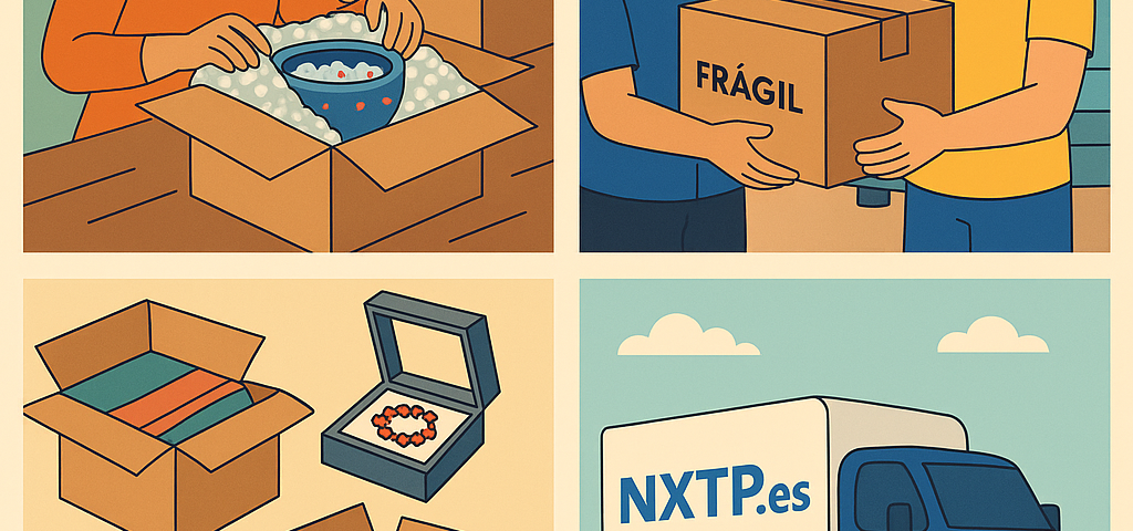 Ilustración cómic Flat Design sobre envío de artesanías a Bulgaria con NXTP.es.