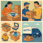 Ilustración cómic Flat Design sobre envío de artesanías a Bulgaria con NXTP.es.