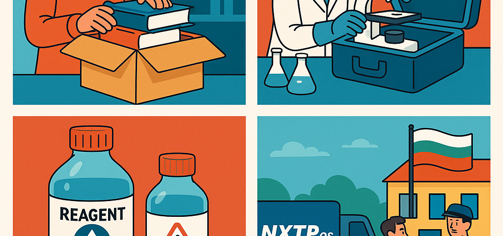 Ilustración cómic Flat Design sobre envío de material educativo y científico a Bulgaria con NXTP.es.