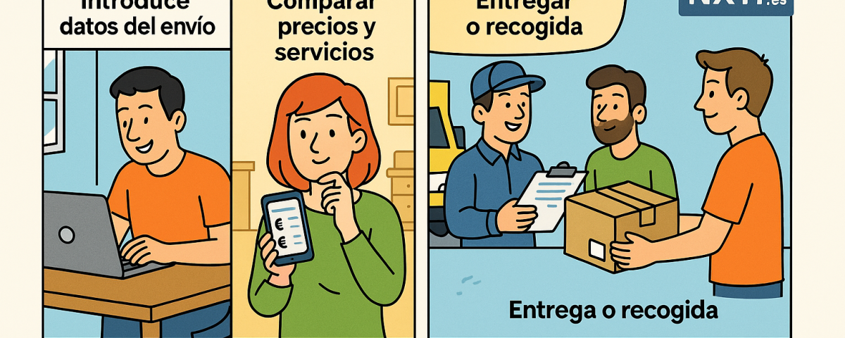 Ilustración cómic paso a paso de cómo usar un comparador envíos particulares