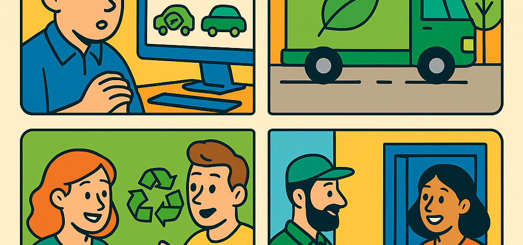 Ilustración cómic sobre comparador envíos sostenibles con transporte eco-friendly