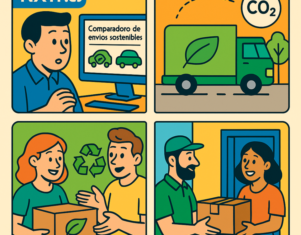 Ilustración cómic sobre comparador envíos sostenibles con transporte eco-friendly