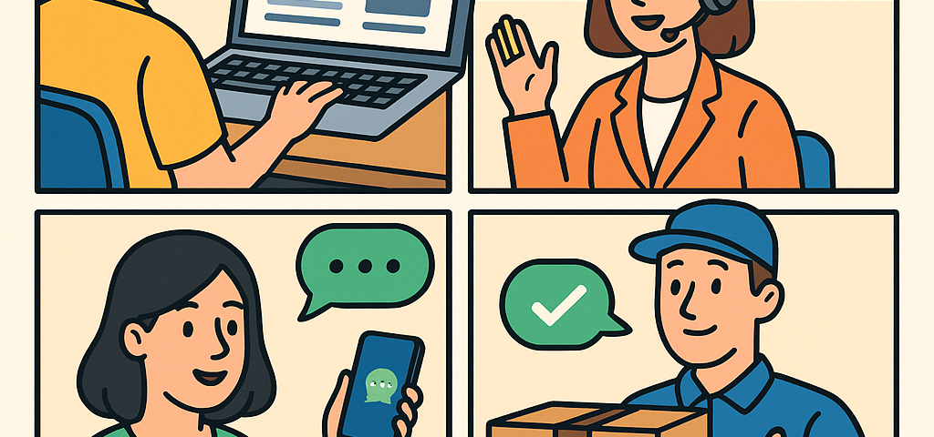 Ilustración cómic sobre comparador envíos buen soporte y atención al cliente paquetería