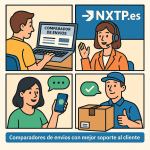 Ilustración cómic sobre comparador envíos buen soporte y atención al cliente paquetería
