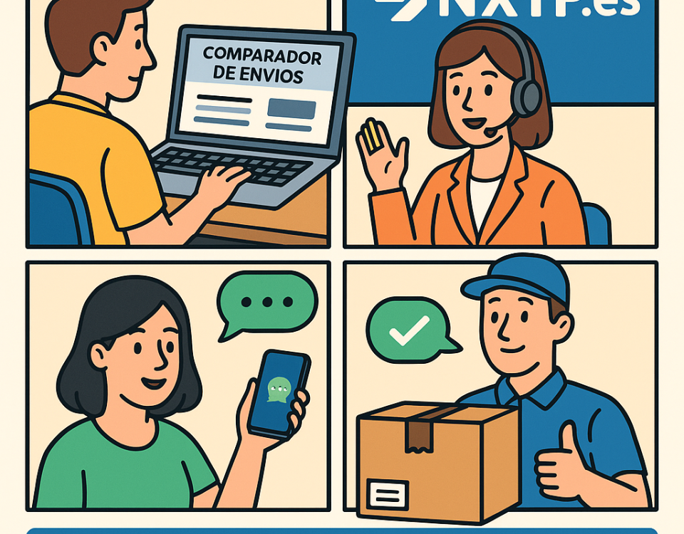 Ilustración cómic sobre comparador envíos buen soporte y atención al cliente paquetería
