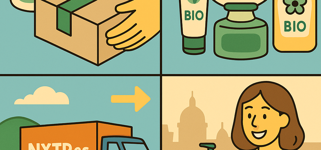 Ilustración cómic Flat Design sobre envío de cosmética natural a Bulgaria con NXTP.es.