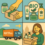 Ilustración cómic Flat Design sobre envío de cosmética natural a Bulgaria con NXTP.es.